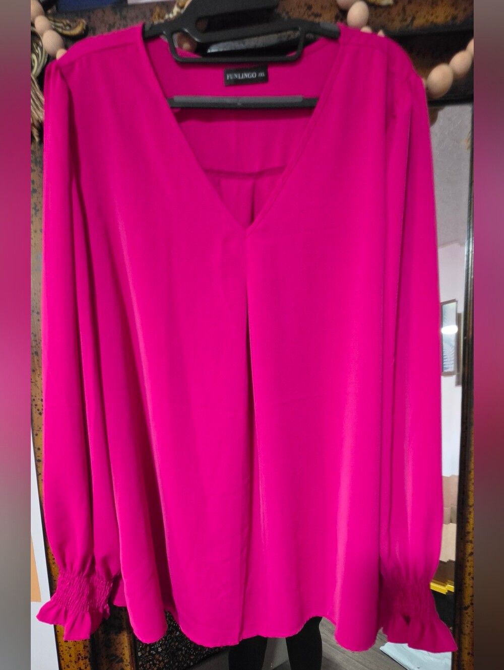 V-Neck Long Sleeve Blouse in Hot Pink